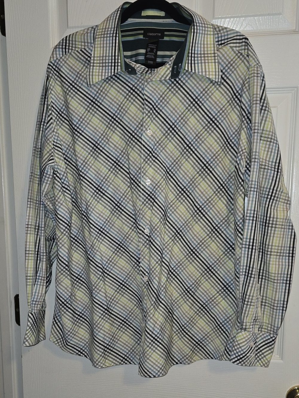 Claiborne Men's Plaid‎ Dress Shirt in Blue, Green & White